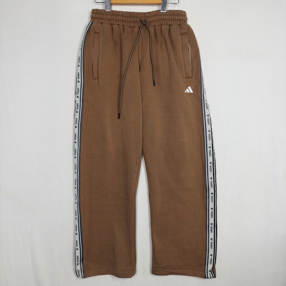 Adidas Mens Brown Fleece Wide Leg Sweatpants Logo Tape Side Stripe Joggers